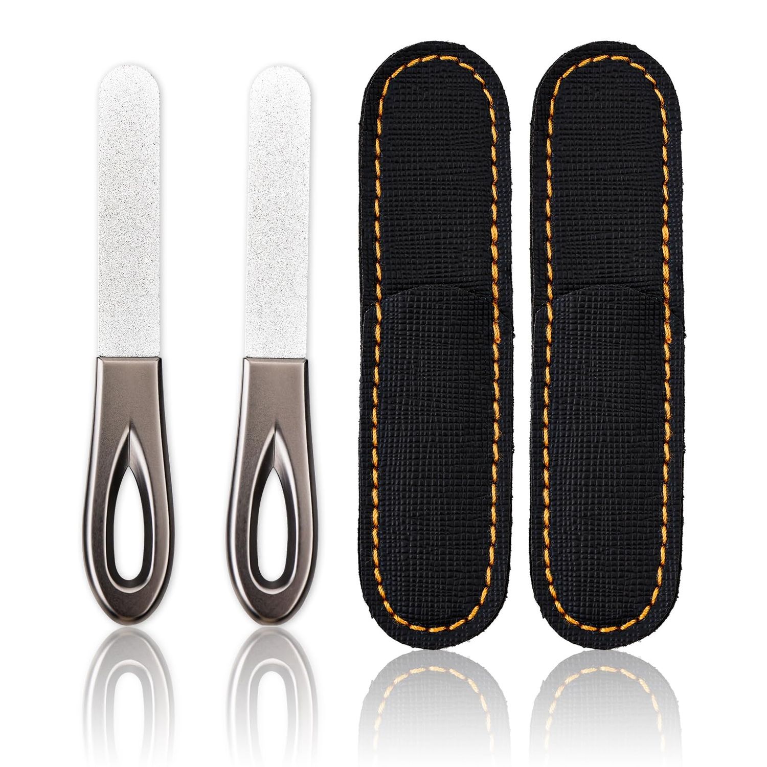 Sibba 2Pcs Metal Nail Files with Leather Case, Stainless Steel Double Sided Nail File with Anti-Slip Handle, Mini Thin Easily Grinding Nails File for Men Women