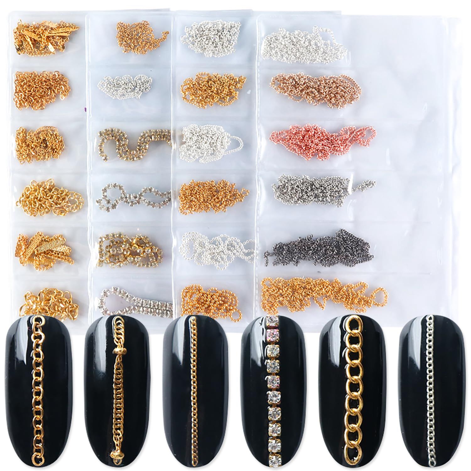 JERCLITY 4 Packs of 24 Strips Nail Chains for Nail Art Gold Silver Alloy Metal Nail Art Chains Gold Nail Charms Punk Nail Studs Jewelry Accessories for Women Nail Art