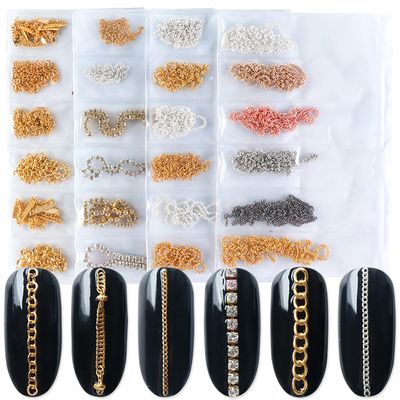 JERCLITY 4 Packs of 24 Strips Nail Chains for Nail Art Gold Silver Alloy Metal Nail Art Chains Gold Nail Charms Punk Nail Studs Jewelry Accessories for Women Nail Art