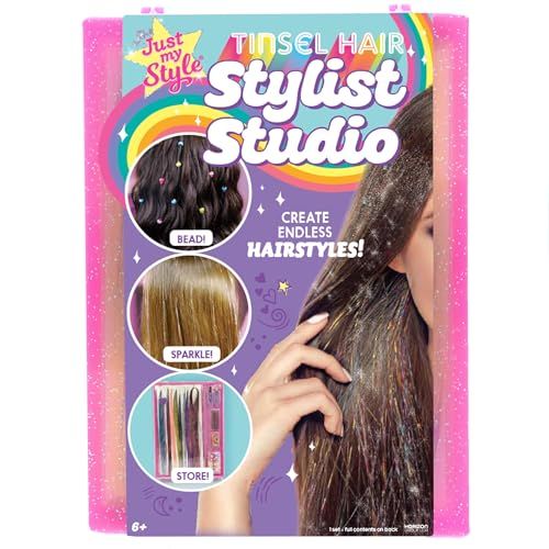 Just My Style Tinsel Hair Stylist Studio, Fairy Hair Tinsel Kit, 9 Colorful Tinsel Strands &amp; Hair Beading Tool, Hair Extensions for Kids, Fun Hair Accessories for Teens, Great Gifts for Preteens
