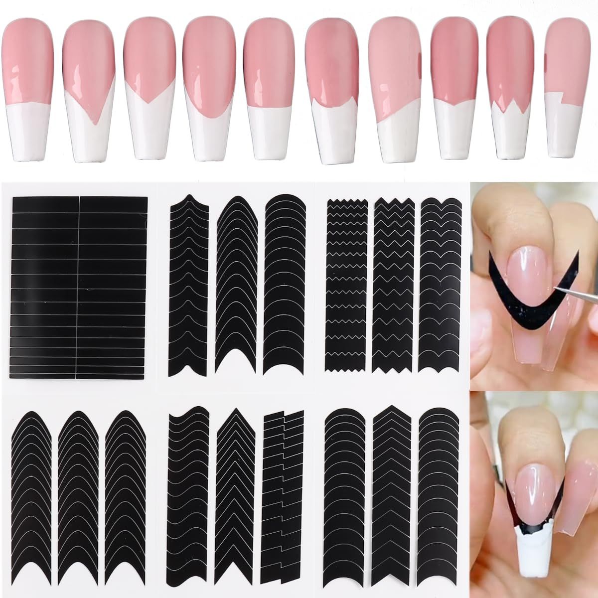 Fcozpjk French Tip Nail Stickers 6 Sheets Self-Adhesive Nails Sticker French Tips Guides Tool Wave Lines Nails Tape for Nail Art Airbrush Stencils Set