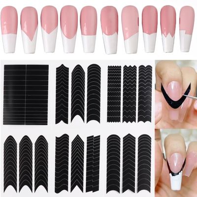 Fcozpjk French Tip Nail Stickers 6 Sheets Self-Adhesive Nails Sticker French Tips Guides Tool Wave Lines Nails Tape for Nail Art Airbrush Stencils Set