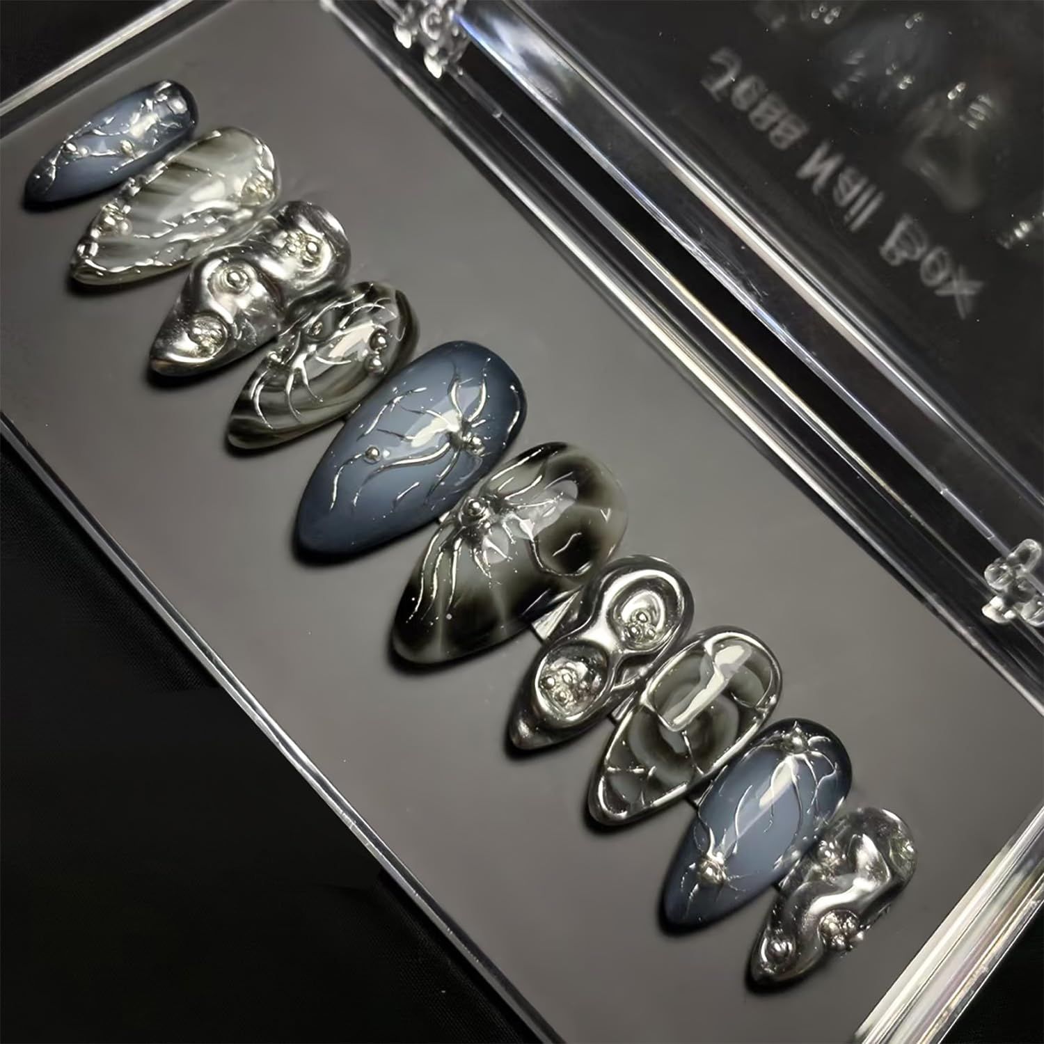24Pcs Dark Press on Nails Medium Almond Fake Nails with 3D Y2k Irregular Silver Design Pearl Jewelry False Nails Glitter Full Cover Artificial Glue on Nails Gothic Stick on Nails for Women DIY Tips