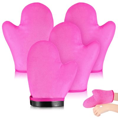 SATINIOR 4 Packs Self Tanning Mitt Applicators Double Sided Sunless Tanning Mittens Reusable Applicator Mittens Tanner Gloves with Thumb(Rose)