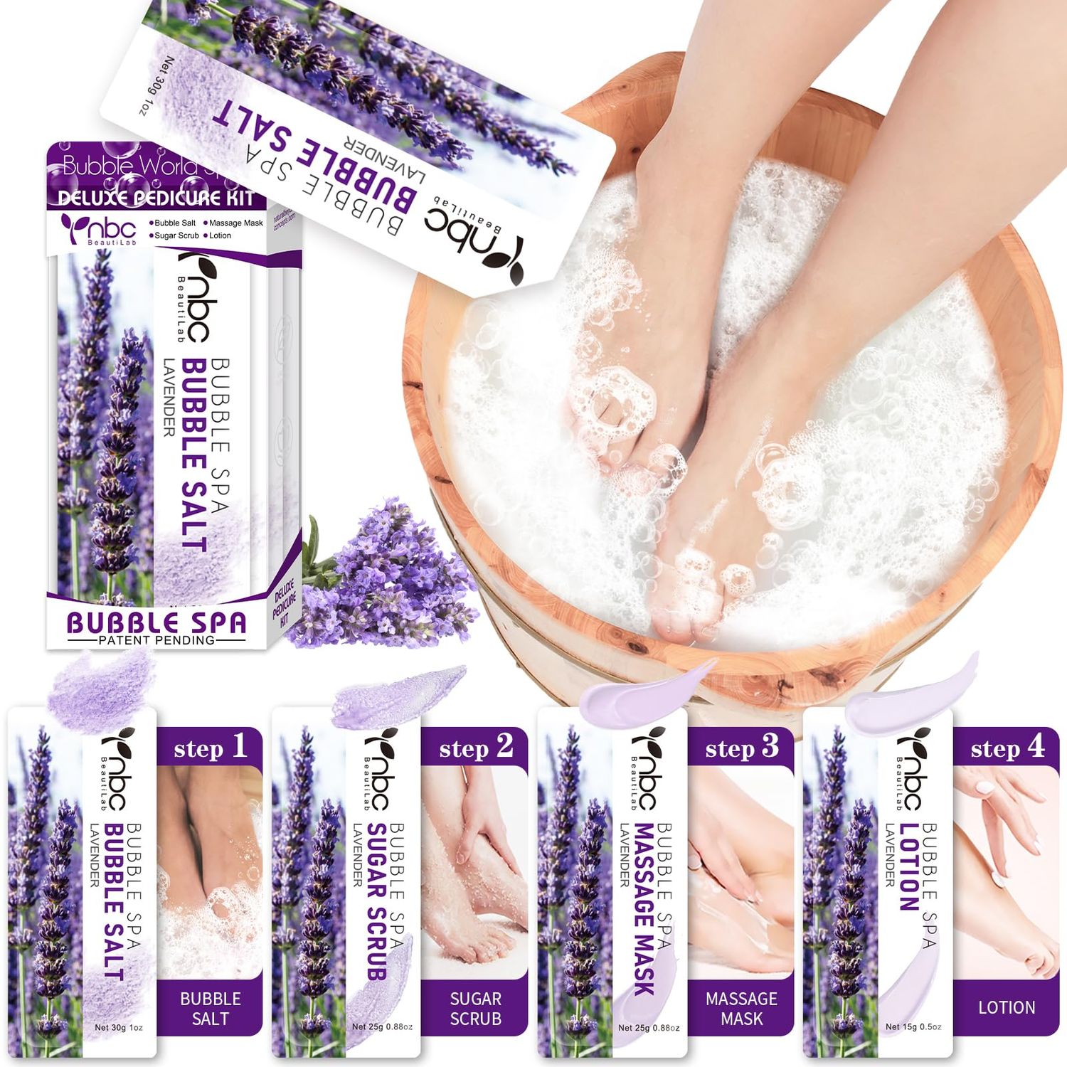 nbc BeautiLab Pedicure Kit Foot Soak Set: Bubble Salt, Sugar Scrub, Massage Mask, Massage Lotion in a Box, 4 Step Foot Spa Kit for Dry Feet,Tired Feet1 Set Lavender)