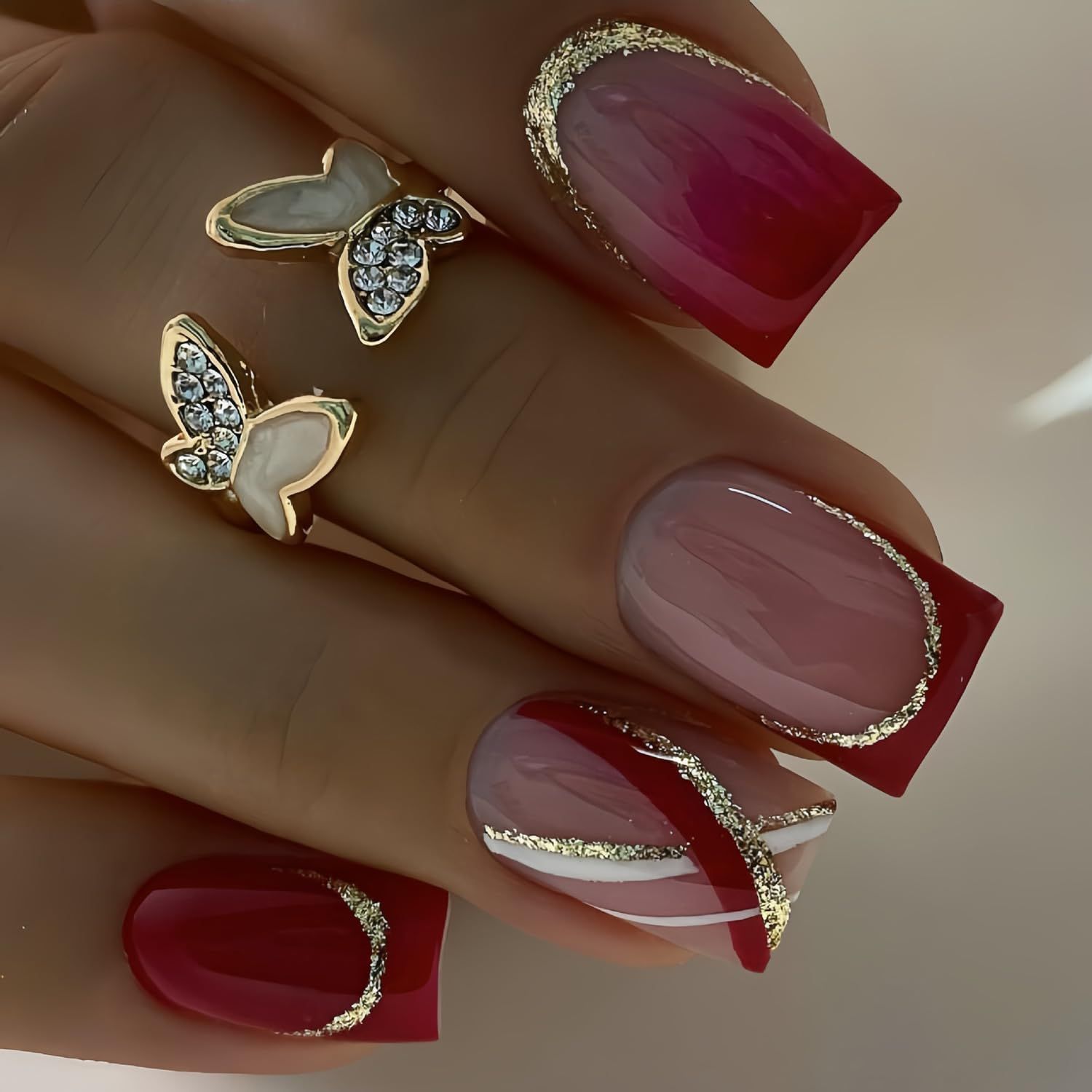 24Pcs Red French Press on Nails Medium Square False Nails with Gold Foil Lines Design Full Cover Glossy Acrylic Nails French Artificial Stick on Nails Reusable Glue on Nails for Women Manicure Kit