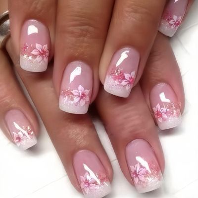 XZMeiLun Pink Press On Nails Short Square for Women, Spring Summer Acrylic Nails - Floral Flower Designer Fake Nails Press Ons 24Pcs, Soft Gel Nail Outing/Party Reusable Glue On Stick On Nail Gift