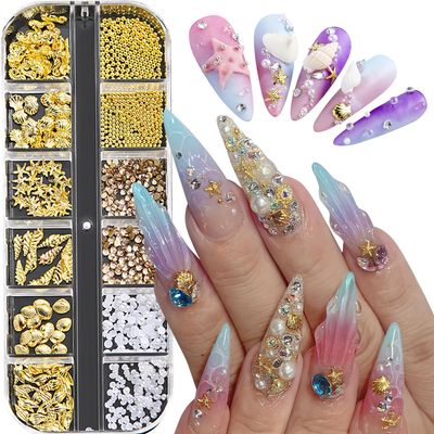 Jremg Summer Nail Charms 3D Steel Studs Metal Art Charms Seashell Starfish Gold Nail Rhinestones Pearls Ocean Theme Designs 12 Grids