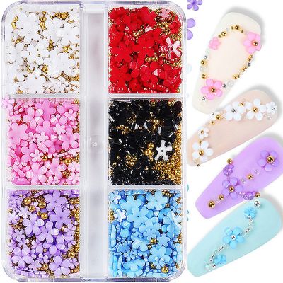 3D Colorful Flower Nail Charms White Pink Color Blue Purple Black Flowers Acrylic Nail Charms with Metal Golden Round Beads for Nail Art DIY Accessories