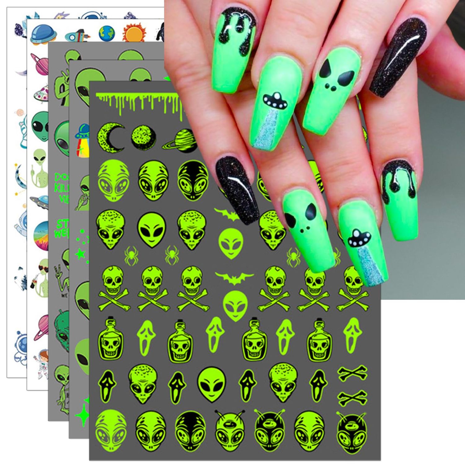 IDDFEVE Alien Nail Art Stickers - Glow in The Dark ET UFO Astronaut Rocket Design Self-Adhesive Nail Decals for DIY Extraterrestrial Space Moon Star Manicure (6 Sheets)