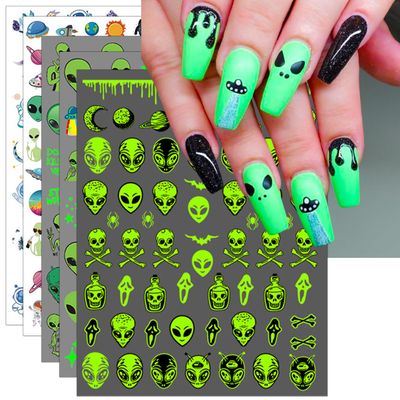 IDDFEVE Alien Nail Art Stickers - Glow in The Dark ET UFO Astronaut Rocket Design Self-Adhesive Nail Decals for DIY Extraterrestrial Space Moon Star Manicure (6 Sheets)