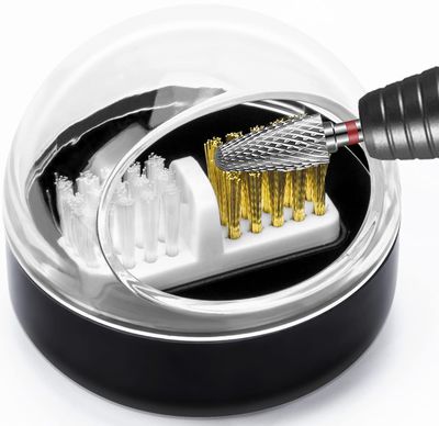 HiANNE Nail Art Cleaner Tool Case with Steel Wire Brush and Nylon Brush for Cleaning Carbide/Ceramic Nail Drill Bits, Anti-Splash Design, Removable, Washable, Clear Cover Black Base