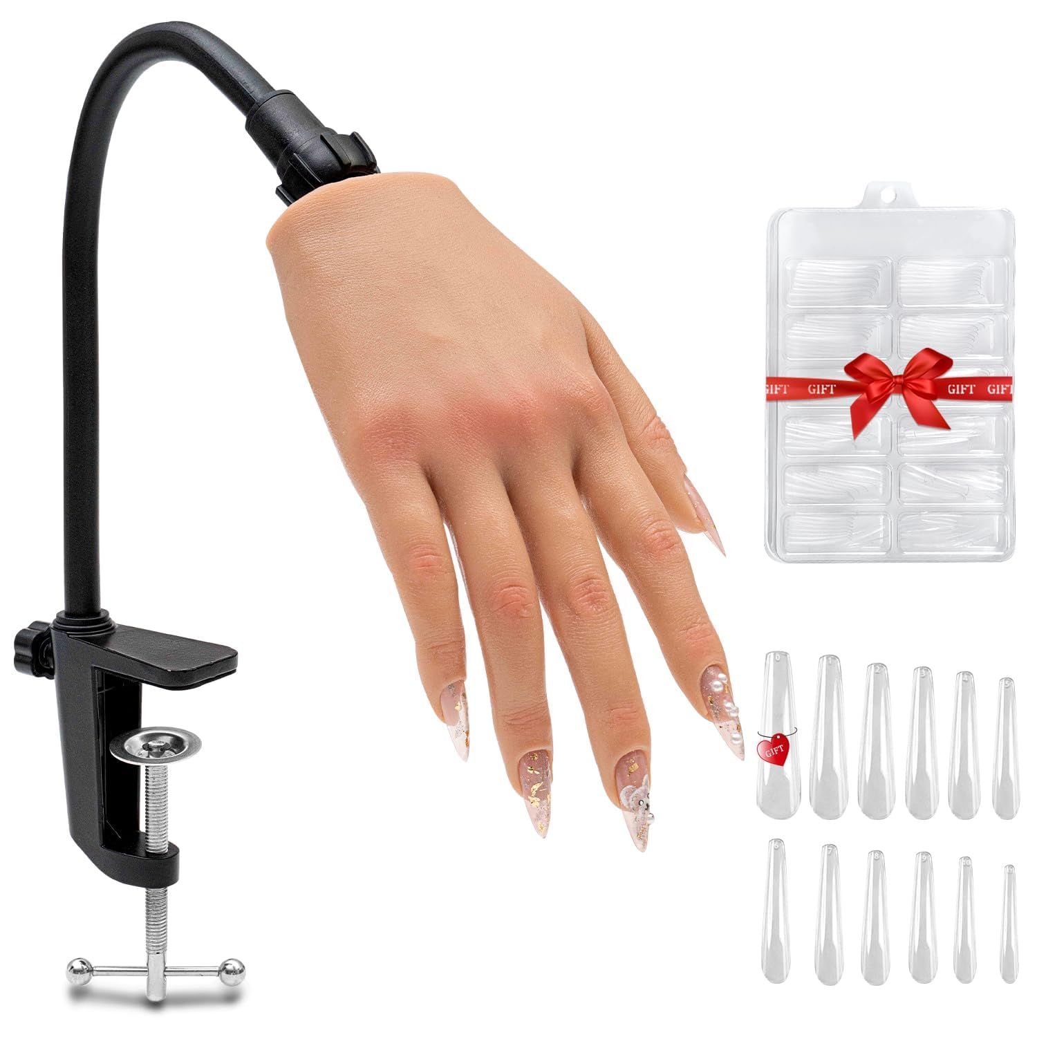 Veikmv Nail Silicone Practice Hand For Acrylic Nails Training Fake Hand Nail Art Practice Tools Hand Tattooed Nail Jewelry Showcase Supplies Manicure Beginners suits