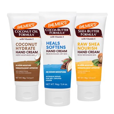 Palmers Hand Cream Trio - Cocoa Butter, Coconut Oil, and Shea Butter Hand Moisturizer, Hand Creams for Dry Cracked Hands, Travel Size Variety Pack, Smoothens Dry, Rough Skin (3.4 oz x 3)