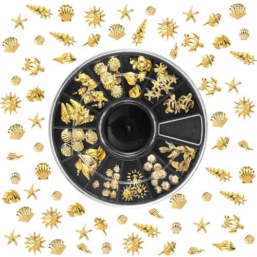 Isslly Ocean 3D Nail Charms, Metal Nail Art Decals, 12 Styles Beach Starfish Seashell DIY Embellishments for Manicure Scrapbook Cellphones Bookmarks Refrigerators Shoes- Gold
