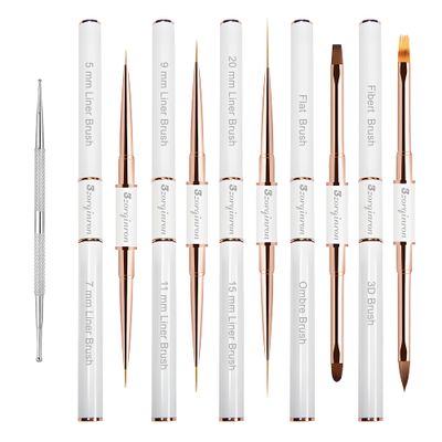 Nail Art Bushes Set, Professional 5Pcs Double-Ended Nail Brush Kit for Details, Long Lines, Ombre &amp; 3D Design-Perfect for DIY Manicures &amp; Salons (White)