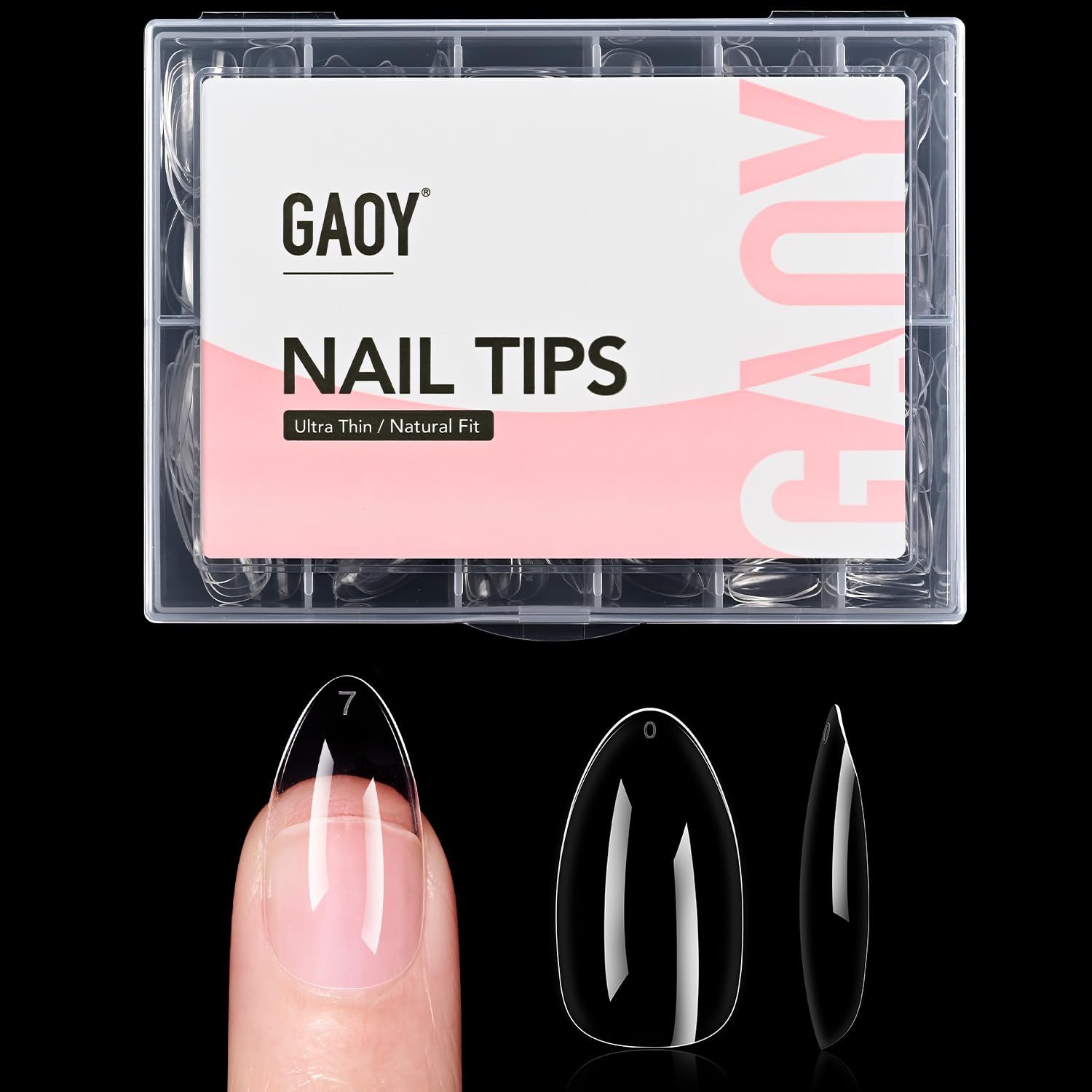 GAOY Medium Almond Fake Gel Nail Tips, 12 Sizes False Full Cover Acrylic Press on Nails, 240Pcs Soft Clear Tips