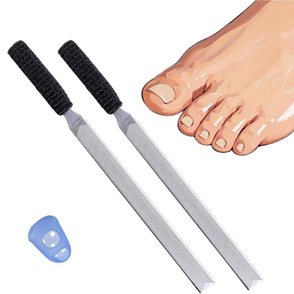 IDOU 2-Piece Stainless Steel Toenail File for Thick Nails | 4-Sided Design with Non-Slip Grip &amp; Thumb Protector | 7 Durable Metal Nail File for for All, Elderly &amp; Dogs