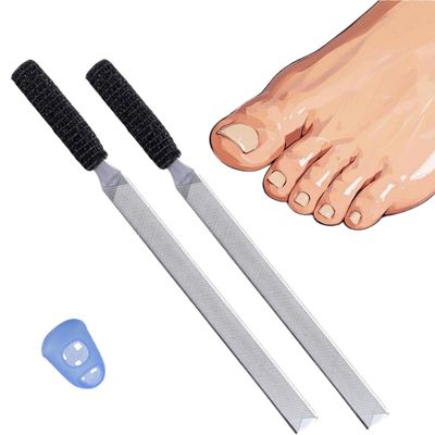 IDOU 2-Piece Stainless Steel Toenail File for Thick Nails | 4-Sided Design with Non-Slip Grip &amp; Thumb Protector | 7 Durable Metal Nail File for for All, Elderly &amp; Dogs