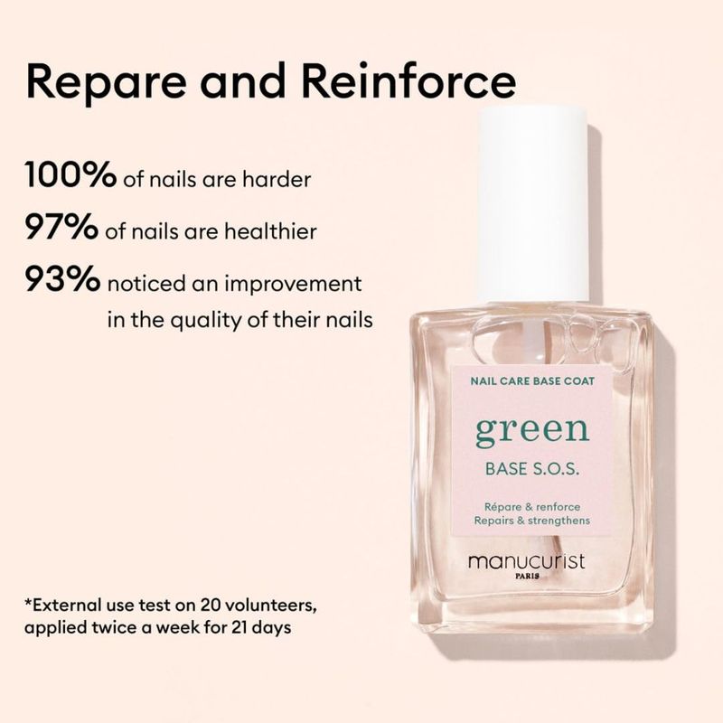 MANUCURIST - S.O.S. Base Coat - Enriched with Vitamins C and B5 - Nail Fortifier - Repairs and Strengthens - Care for Very Damaged Nails - Vegan, Up to 78 Plant-Based - 0.5 fl oz