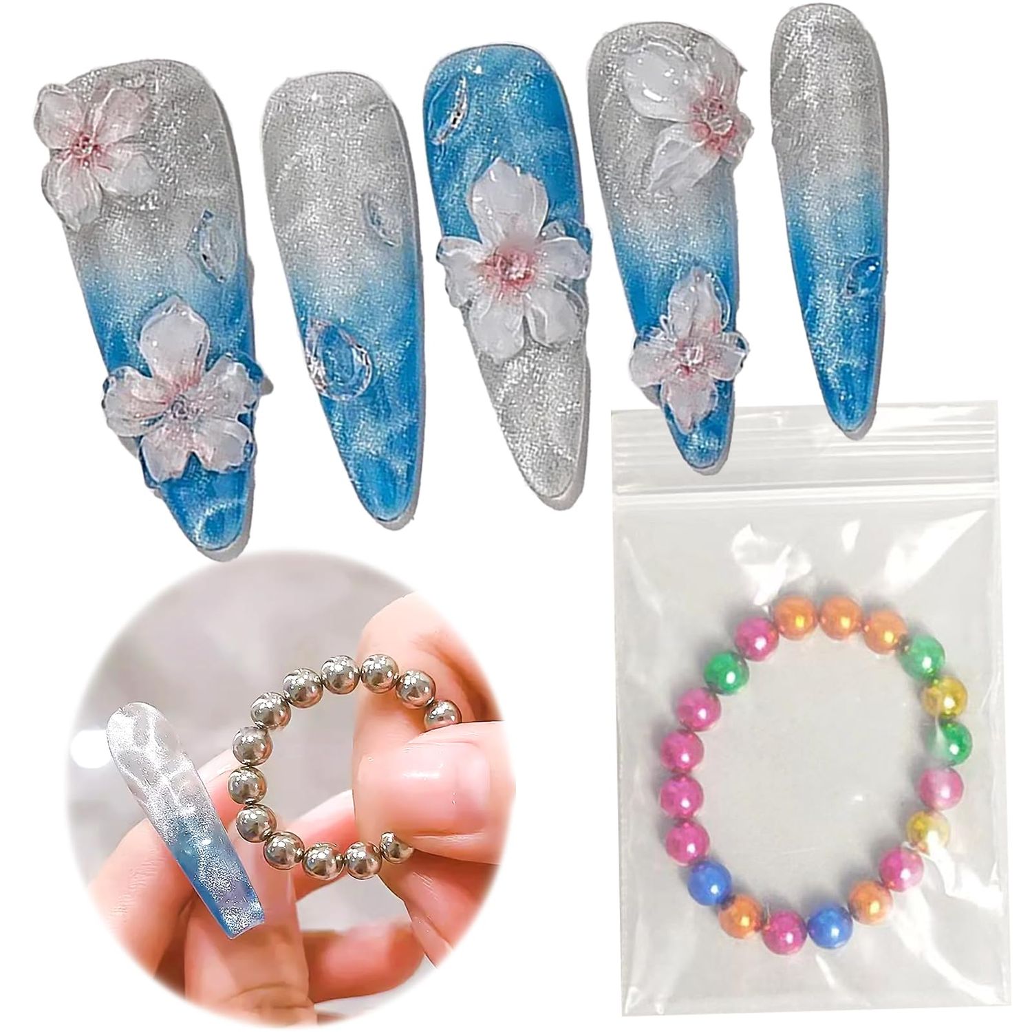 MOLILON 20Pcs Cat Eye Nail Magnet Beads Cat Eye Gel Nail Polish Magnet Wand Magnetic Nail Polish Cat Eye Magnet Nails Round Magnetic Beads Nail Design Tools Nail Art Accessories (Colorful)
