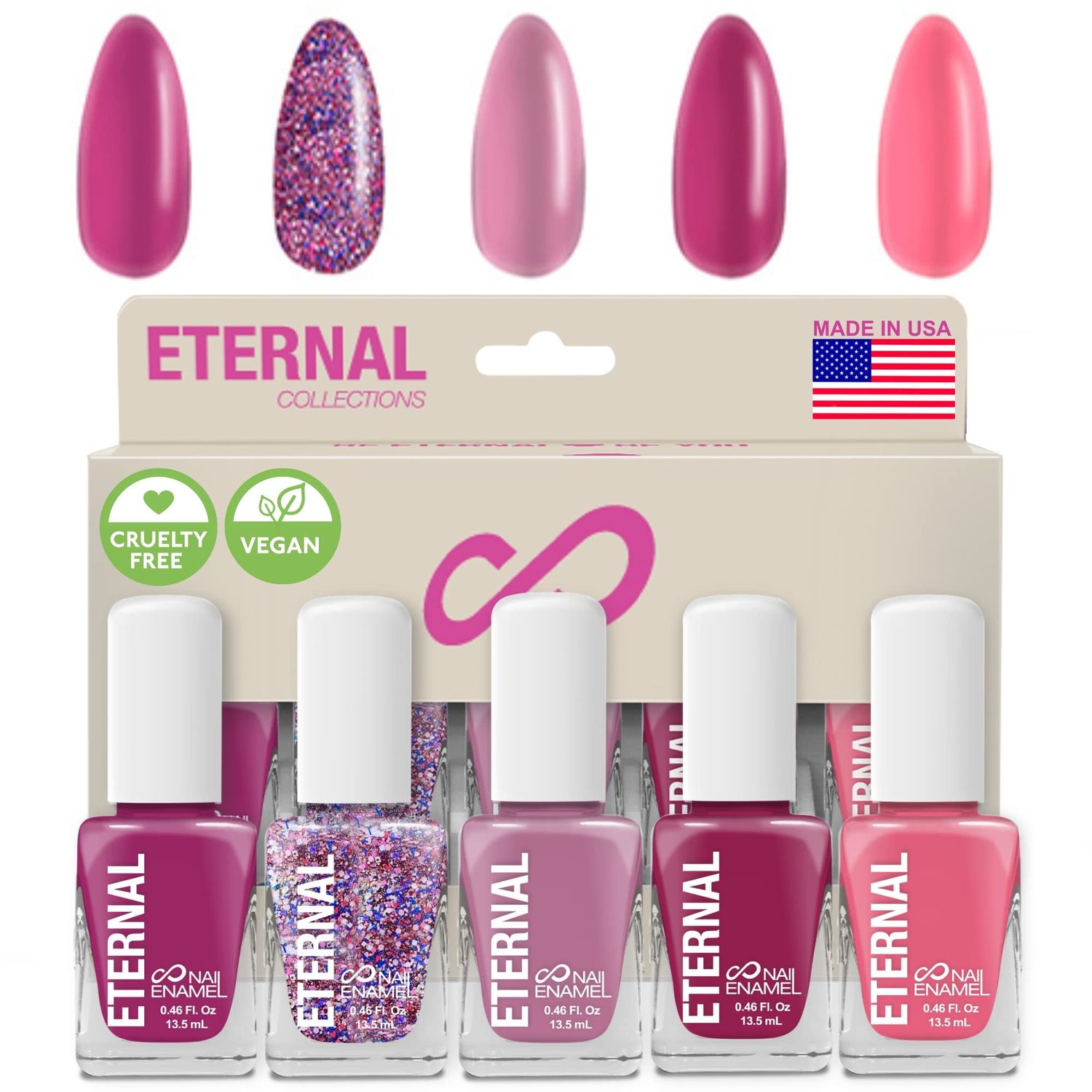 Eternal Glitter Nail Polish Set for Women (PINKFETTI) - Hot Pink Nail Polish Set for Girls | Long Lasting &amp; Quick Dry Natural Nail Polish Kit for Home DIY Mani Pedi | Made in USA, 13.5mL (Set of 5)