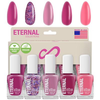 Eternal Glitter Nail Polish Set for Women (PINKFETTI) - Hot Pink Nail Polish Set for Girls | Long Lasting &amp; Quick Dry Natural Nail Polish Kit for Home DIY Mani Pedi | Made in USA, 13.5mL (Set of 5)