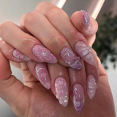 Almond Press on Nails Medium Fake Nails Pink Full Cover Stick on Nails with Flowers Pearls Designs Glossy False Nails 3D Nail Charms French Tip Nails for Women Girls 24 Pcs