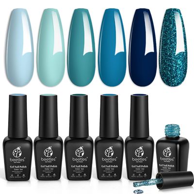 Beetles Gel Nail Polish Set 6Pcs: Blue Green Dark Blue Glitter Teal Navy Teal Jewel Tones Sparkle Gel Nail Kit Soak Off UV DIY Manicure Gift for Girls Women