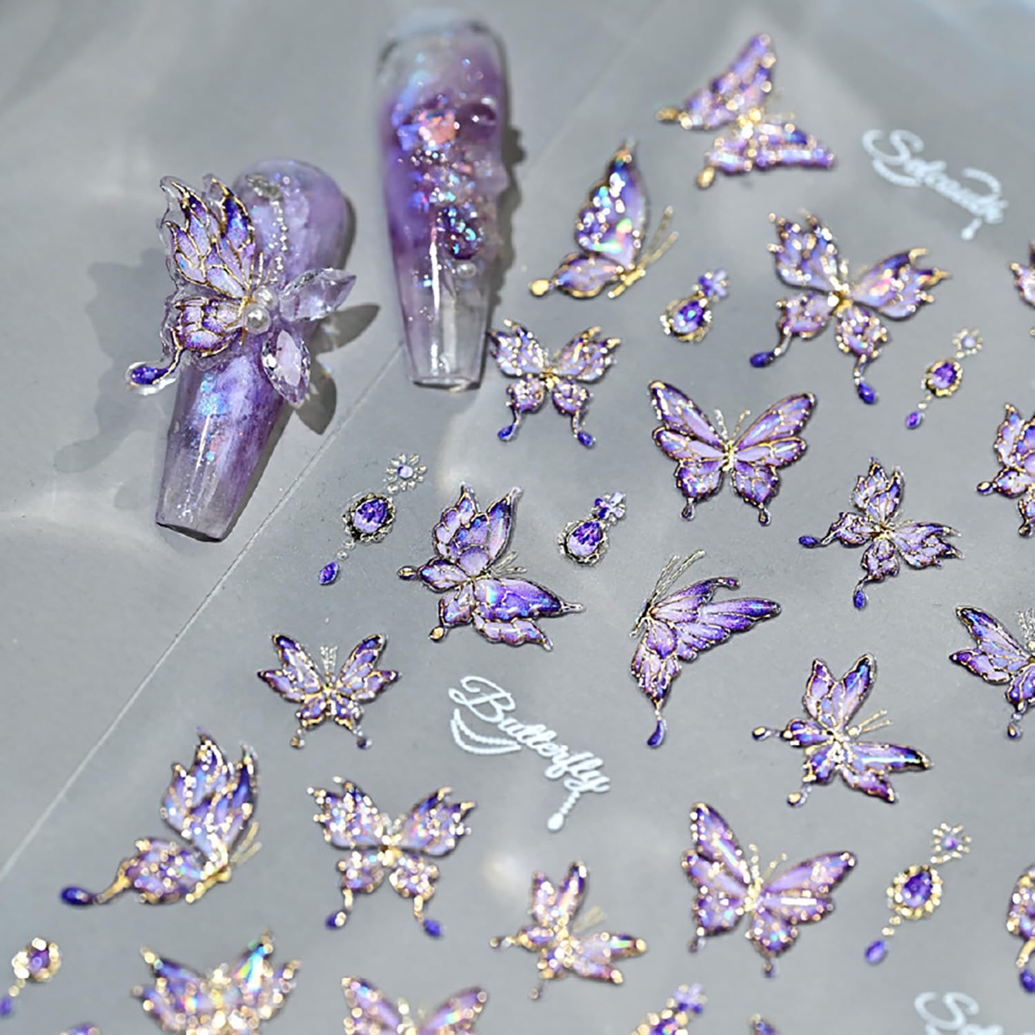 5D Embossed Butterfly Nail Stickers Self-Adhesive Butterflies Nail Art Stickers Glitter Gold Edge Designs Sticker Purple Nail Decals Summer Nail Art Supplies for Women Acrylic Manicure Decorations