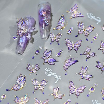 5D Embossed Butterfly Nail Stickers Self-Adhesive Butterflies Nail Art Stickers Glitter Gold Edge Designs Sticker Purple Nail Decals Summer Nail Art Supplies for Women Acrylic Manicure Decorations
