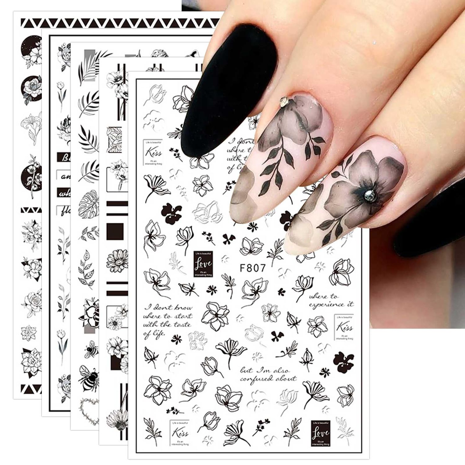 10 Sheets Spring Flower Nail Art Stickers Decals Self-Adhesive Pegatinas para Uas Black White Floral Rose Leaf Design Manicure Tips Nail Decoration for Women Girls