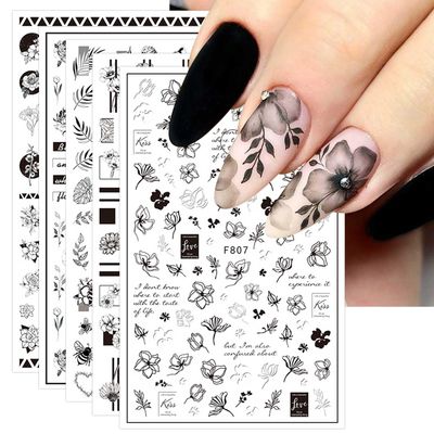 10 Sheets Spring Flower Nail Art Stickers Decals Self-Adhesive Pegatinas para Uas Black White Floral Rose Leaf Design Manicure Tips Nail Decoration for Women Girls