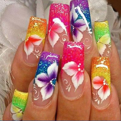 Flower Press on Nails Long Coffin Nails Medium Length Square Fake Nails Colored French Nails Tip False Nails with Light Floral Design Purple Acrylic Glue on Nails Bling Stick on Nails for Women 24Pcs