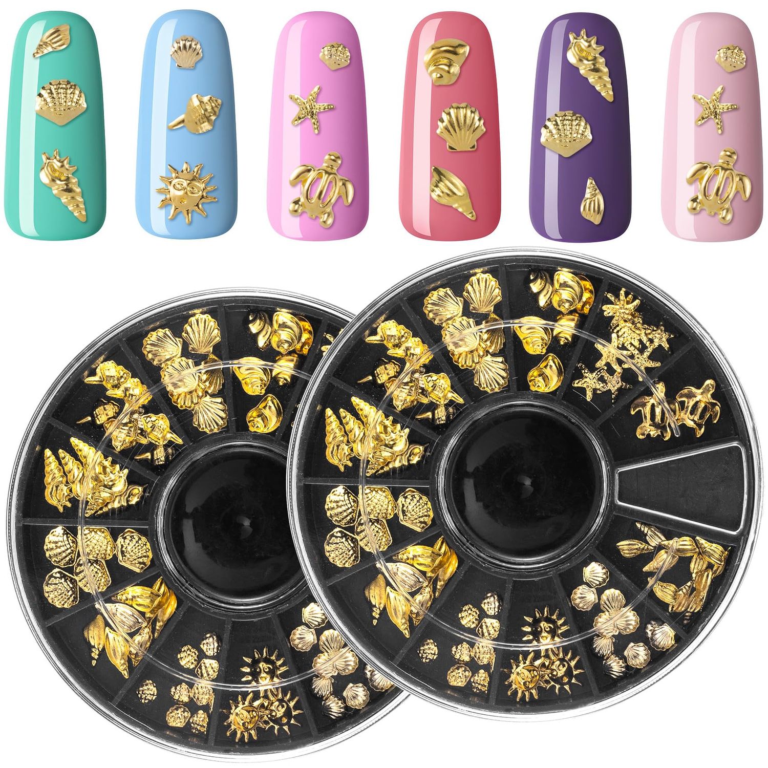 Mxxipp 2 Disc Gold Ocean Theme Nail Charms, 3D Summer Beach Starfish Seashell Nail Accessories, Non-Faded Alloy Nail Art Gems Rhinestones Decorations for Manicure Design Embellishments