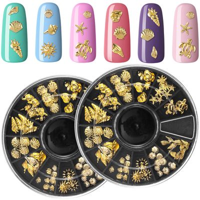 Mxxipp 2 Disc Gold Ocean Theme Nail Charms, 3D Summer Beach Starfish Seashell Nail Accessories, Non-Faded Alloy Nail Art Gems Rhinestones Decorations for Manicure Design Embellishments