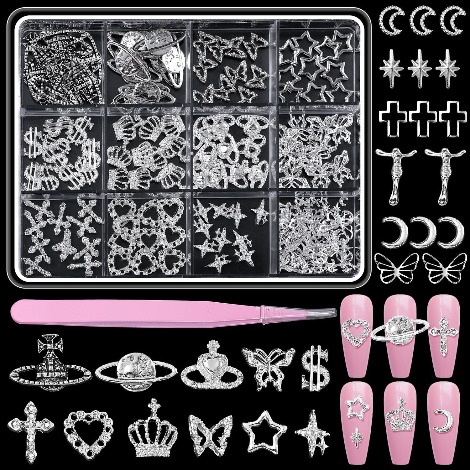 150 Pcs Silver Nail Charms Y2K, 3D Star Cross Crown Planet Nail Art Charms, Punk Butterfly Dollar Alloy Nail Jewelry, Moon Nail Studs Charms for Nails Design DIY Accessories