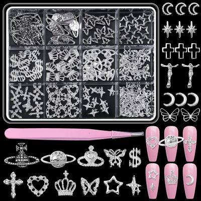 150 Pcs Silver Nail Charms Y2K, 3D Star Cross Crown Planet Nail Art Charms, Punk Butterfly Dollar Alloy Nail Jewelry, Moon Nail Studs Charms for Nails Design DIY Accessories