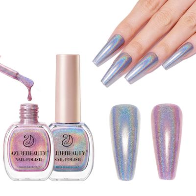 AZUREBEAUTY Holographic Nail Polish no Gel Fast Drying Pink Silver 2 Colors Natural Nail Lacquer Infinite Shine DIY Salon Home Women Gifts 2Pcs 0.34oz