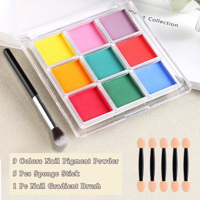 FSpronail Nail Pigment Palette - 9 Colors Gradient & Solid Neon Ombre Pigment Powder Set - Includes 5 Sponge Sticks & 1 Brush - Perfect for Beginners