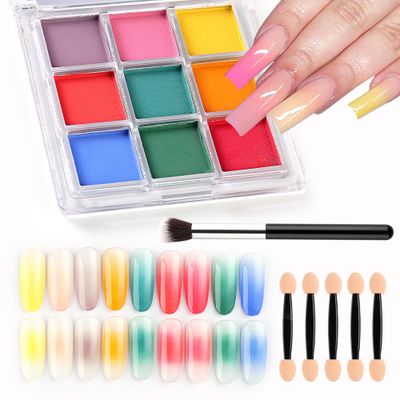 FSpronail Nail Pigment Palette - 9 Colors Gradient &amp; Solid Neon Ombre Pigment Powder Set - Includes 5 Sponge Sticks &amp; 1 Brush - Perfect for Beginners