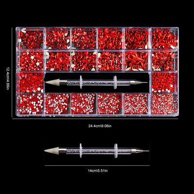 Yzzseven 12 Types of Red 600 Diamonds 2500 Flat Rhinestones Mix 20 Styles Flatback DIY Crafts Rhinestone Crystals 3D Decorations Flat Back Stones Set Rhinestone Picker Wax Pen