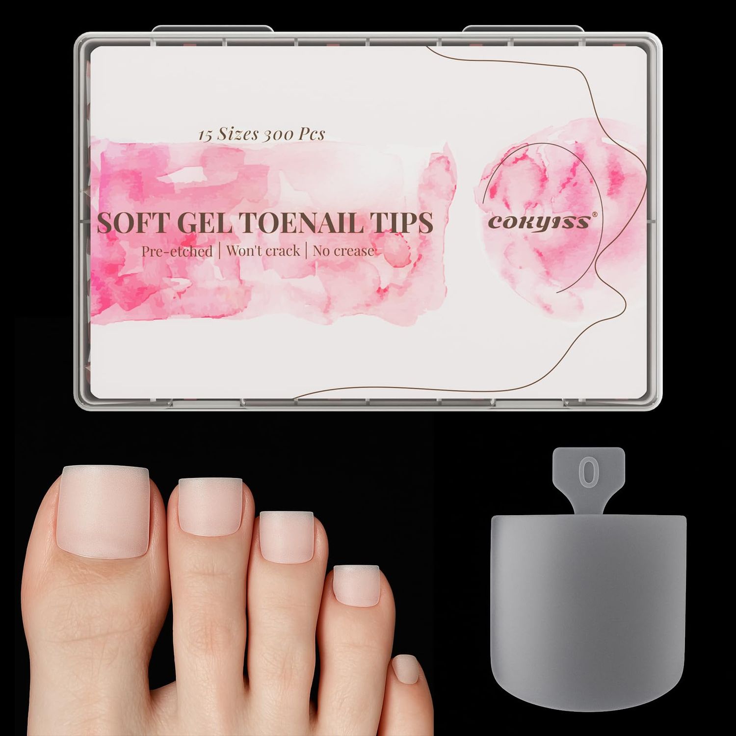 COKYISS Toe Nail Tips, 300PCS Sharp Square Clear Gel Nail x ToeTips Press On Nails for Women, Pre-applied Tip Primer &amp; Base Coat Toenail Press On For Home DIY 15size