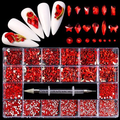 Yzzseven 12 Types of Red 600 Diamonds 2500 Flat Rhinestones Mix 20 Styles Flatback DIY Crafts Rhinestone Crystals 3D Decorations Flat Back Stones Set Rhinestone Picker Wax Pen