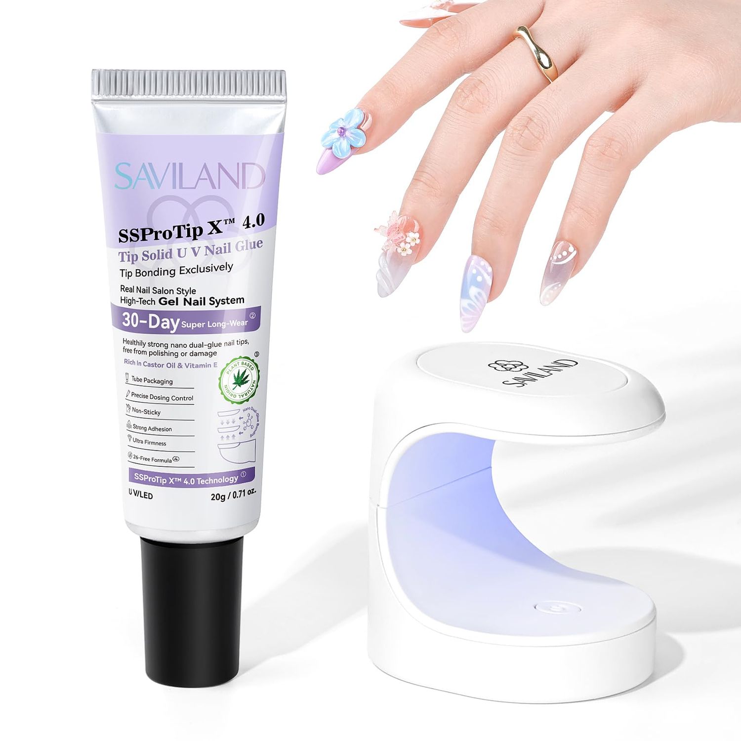 SAVILAND SSProX Solid Nail Glue Gel Kit 30-Day Long Wear: 20 ML Super Strong Nail G LUE for Press Ons with Portable Fast Curing U V Light Seamless Fitting Gels Glue Salon DIY Nail Art