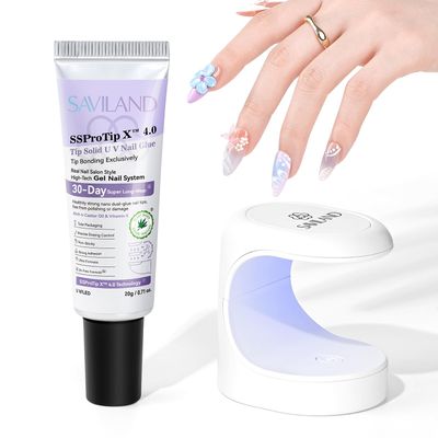 SAVILAND SSProX Solid Nail Glue Gel Kit 30-Day Long Wear: 20 ML Super Strong Nail G LUE for Press Ons with Portable Fast Curing U V Light Seamless Fitting Gels Glue Salon DIY Nail Art