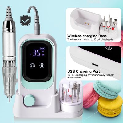 Electric Professional Nail Drill 35000RPM with Rechargeable Base &amp; Bits - Nail File &amp; Buffer Set for Acrylic Removal - Salon &amp; Home Use (Green)