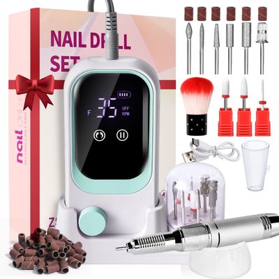 Electric Professional Nail Drill 35000RPM with Rechargeable Base &amp; Bits - Nail File &amp; Buffer Set for Acrylic Removal - Salon &amp; Home Use (Green)