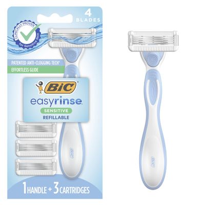BIC EasyRinse Sensitive Anti-Clogging, Refillable Womens Razors With 4 Blades, 1 Razor Handle and 3 Refill Razor Cartridges Razor Kit