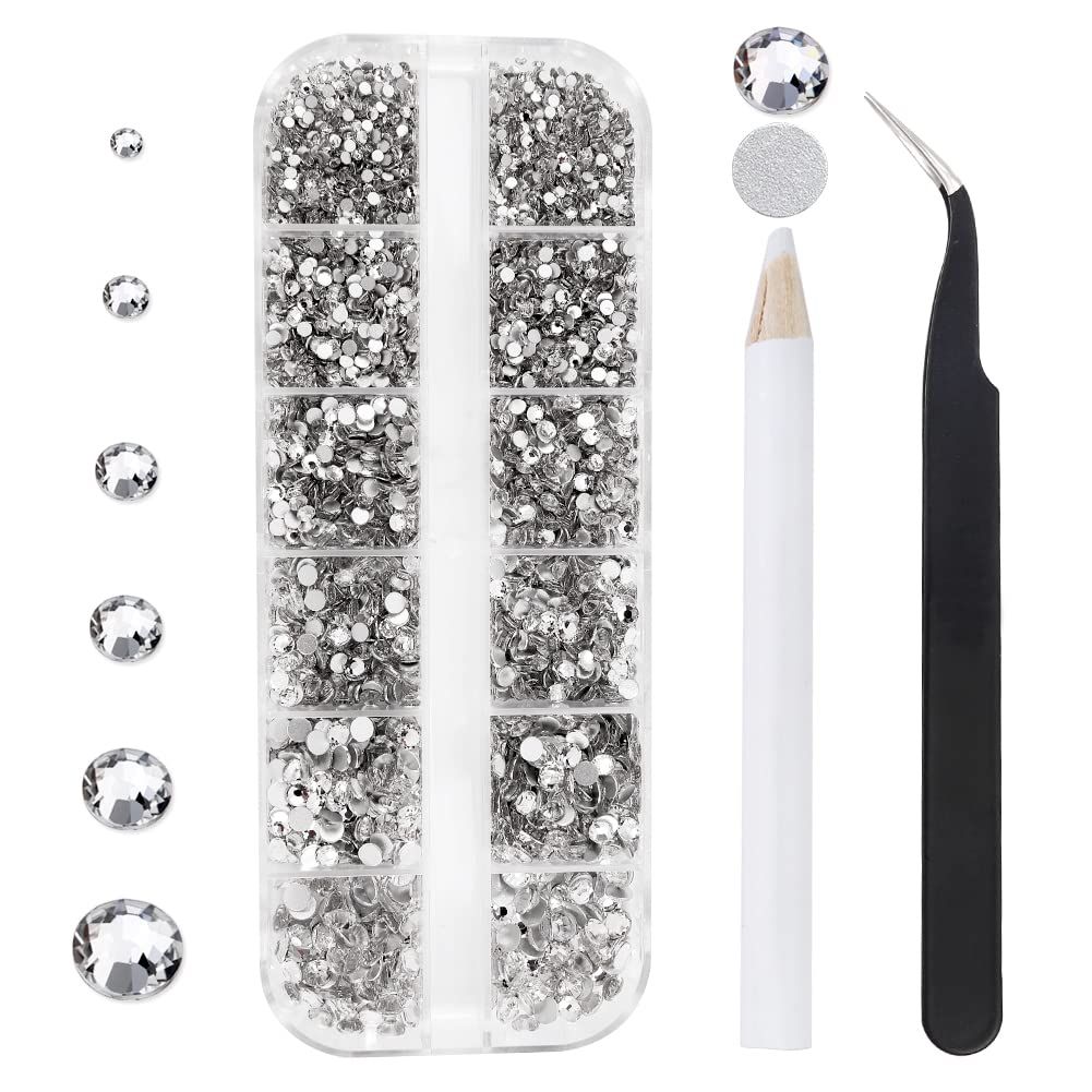 12 Grids 3792pcs Pieces Clear Flatback Rhinestones for Crafts,White Nail Gems Gemstones Crystals Jewels,Craft Glass Diamonds Stones Bling Rhinestone with Tweezers and Picking Pen(SS6SS20 Crystal)